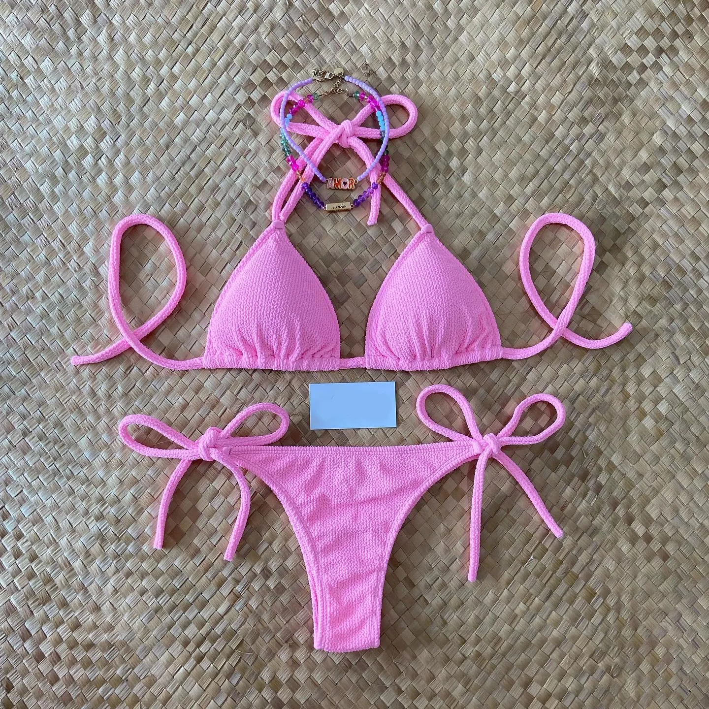 Solid color suspender split bikini swimsuit