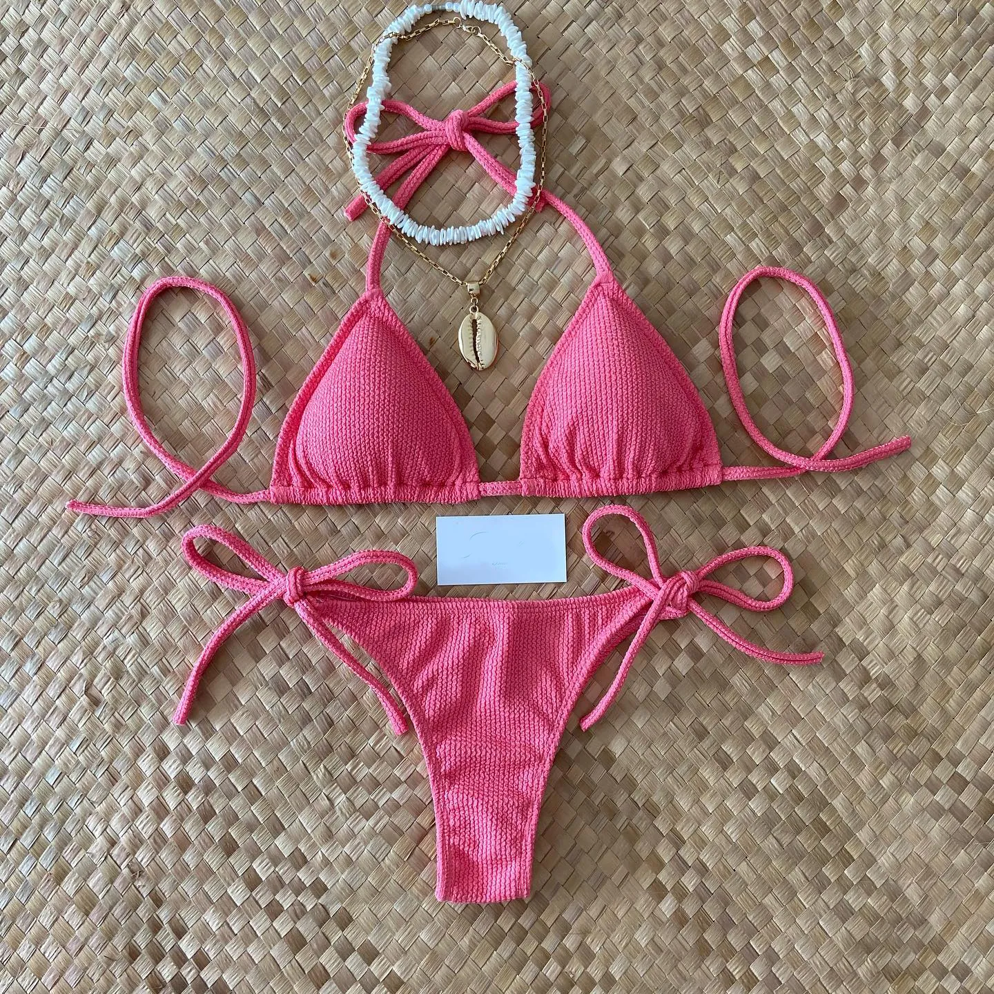 Solid color suspender split bikini swimsuit